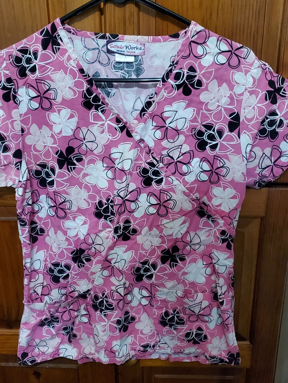 Pink With White & Black Flowers Scrub Top